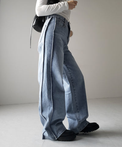 【 ３color ／ ４size 】サイドタック切替ハイウエストストレートデニム ／side tack kirikae highwaist straight denim