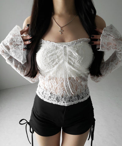 【 ２color ／２WAY 】フロントリボンオフショルスリムレーストップス ／ front ribbon off-shoulder slim lace tops