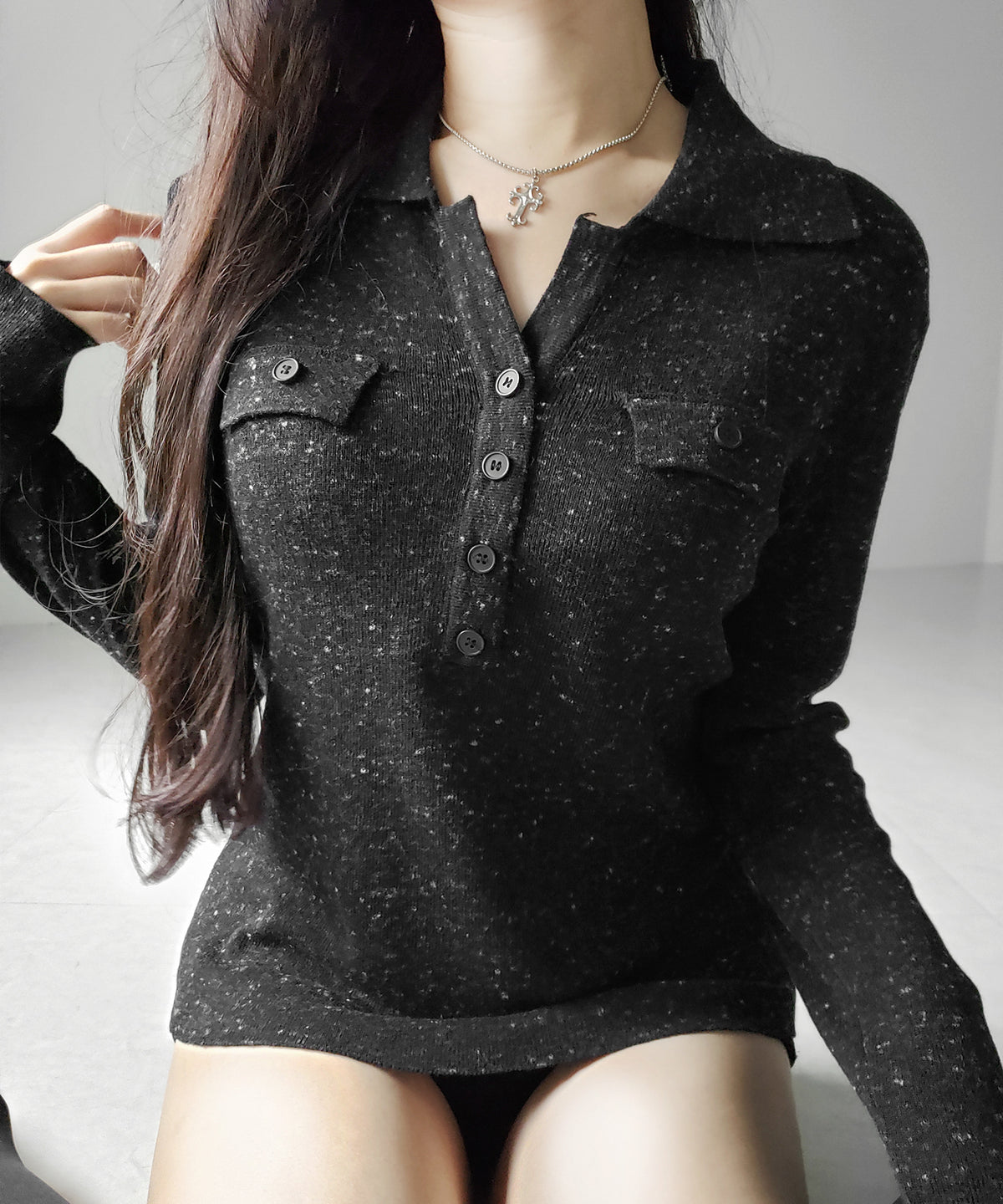 スキッパーボタン長袖ロングニットトップス ／ skipper button long sleeve long sheer knit tops
