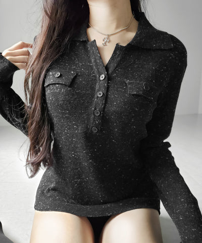 スキッパーボタン長袖ロングニットトップス ／ skipper button long sleeve long sheer knit tops