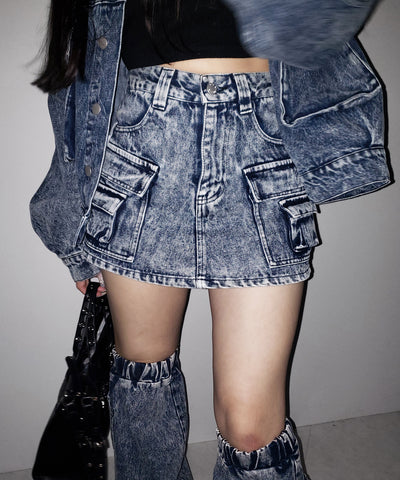 【 デニムセットアップ着用可能 】ヴィンテージケミカルブリーチカーゴデニムミニスカパン ／ vintage chemical bleach cargo denim mini skirt pants
