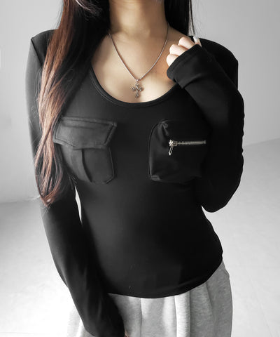 【 裏起毛 】アウトポケットオープンネックスリムトップス ／ out pocket open neck slim tops