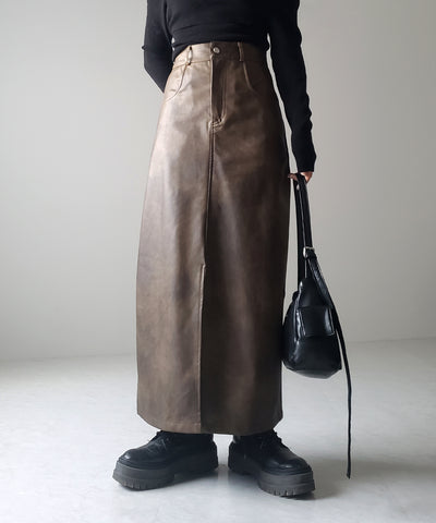 【 ３color ／ ３size 】フロントスリットヴィンテージフェイクレザースカート