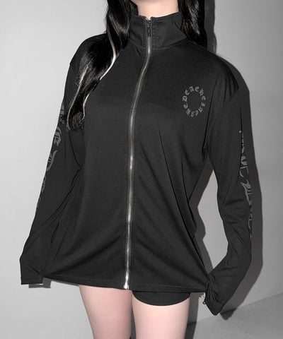 グランジロゴスタンドジップアップオーバーシアートップス ／ grunge logo stand zipup over sheer tops