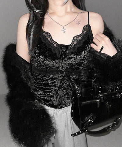 フロントボタンレースベロアショートキャミソール ／ front button lace velor short camisole