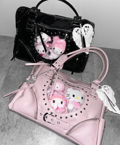 【 限定先行販売 】ハートクリアポケットスタッズフェイクレザートートバッグ ／ heart clear pocket studs fake leather tote bag