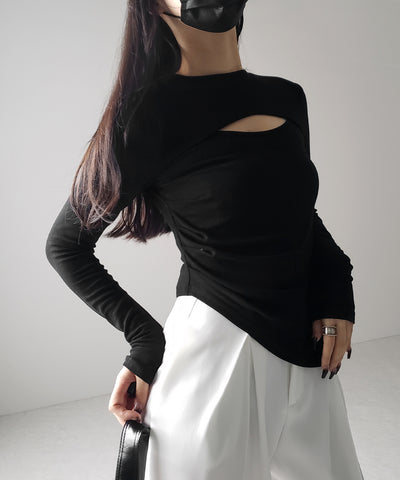 【 ３color 】カットアウトサイドシャーリングアシンメトリートップス ／ cut-out side shirring asymmetry tops