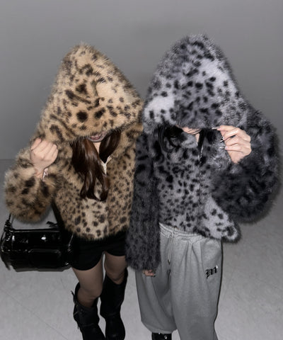 レオパードフェイクファーフーディショートコート ／ reopard fakefur hoodie short coat