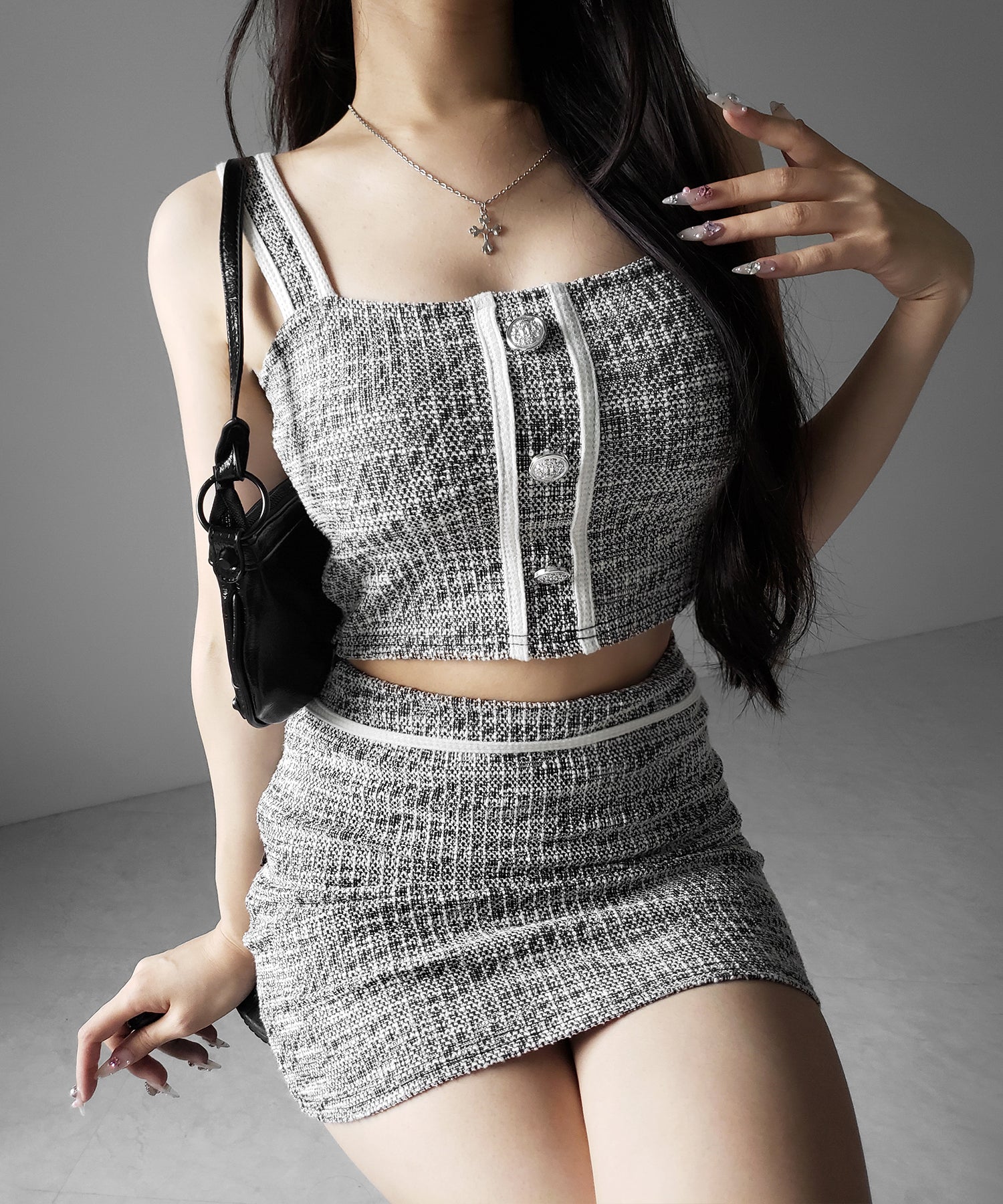 【 セットアップ】ツイードボタンショートビスチェ ＋ ミニスカート ＳＥＴ ／ 【 SETUP 】tweed button short buister ＋ mini skirt SET