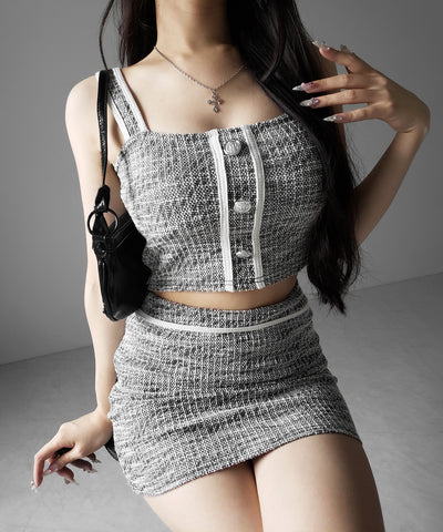 【 セットアップ】ツイードボタンショートビスチェ ＋ ミニスカート ＳＥＴ ／ 【 SETUP 】tweed button short buister ＋ mini skirt SET