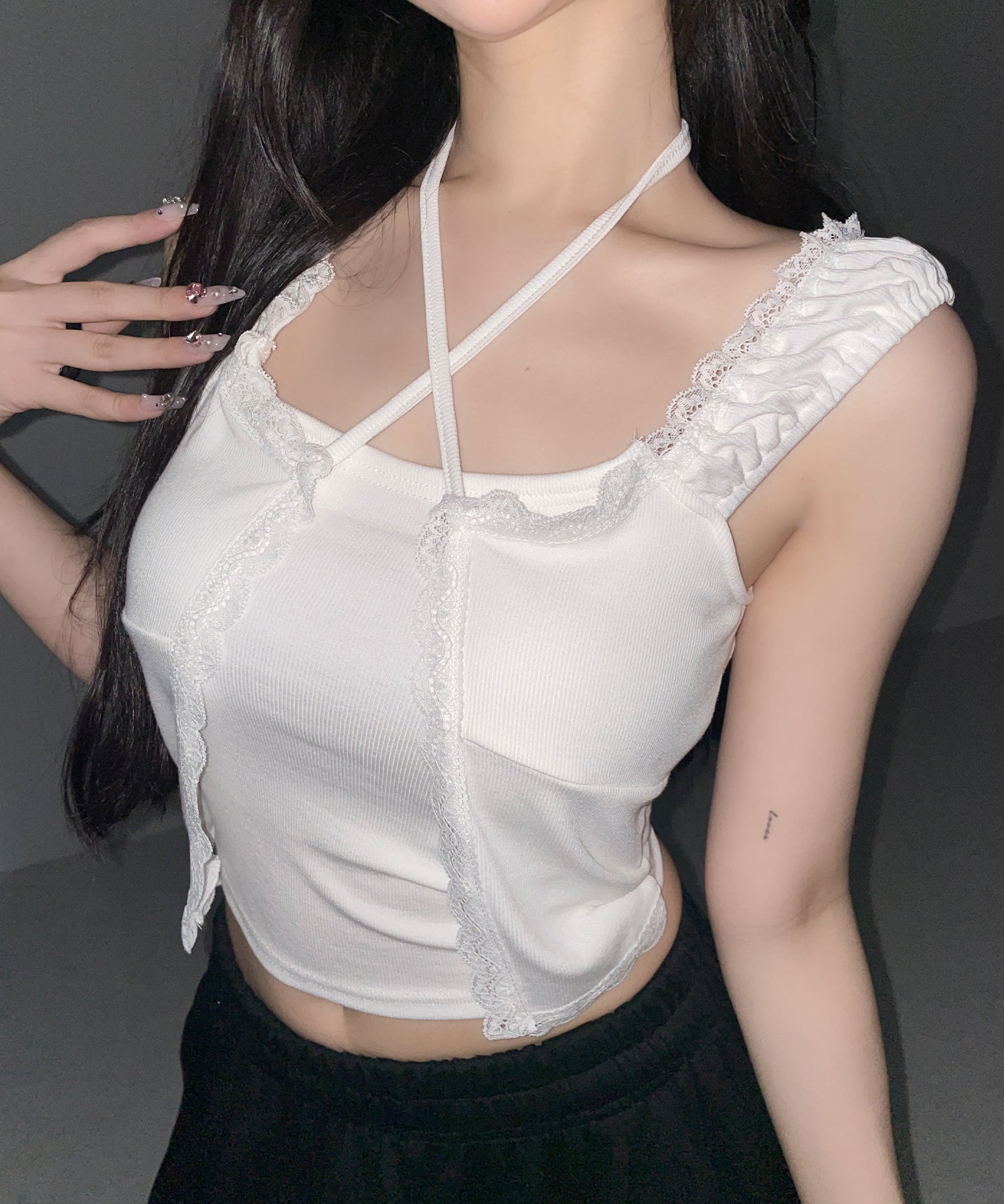 フロントリボンレイヤードリブキャミタンク ／ front ribbon layered lib camisole tank