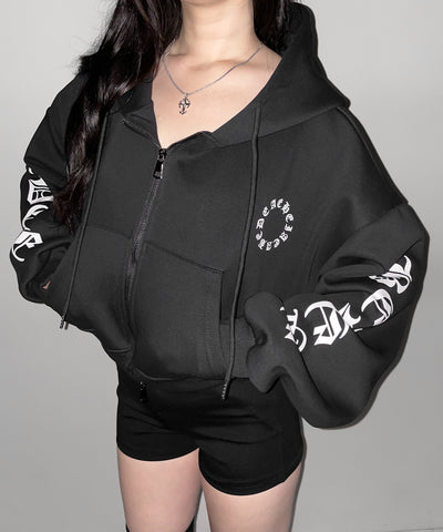 グランジロゴダブルジップショートパーカー ／ grunge logo double zip short hoodie