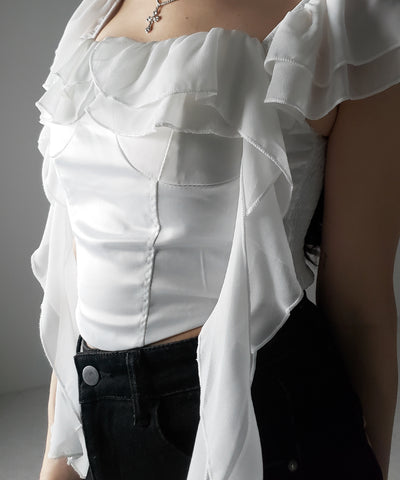 【 ２color ／ ２WAY 】シアーフリルコルセットサテンショートブラウス ／ sheer frill corset satin short blouse