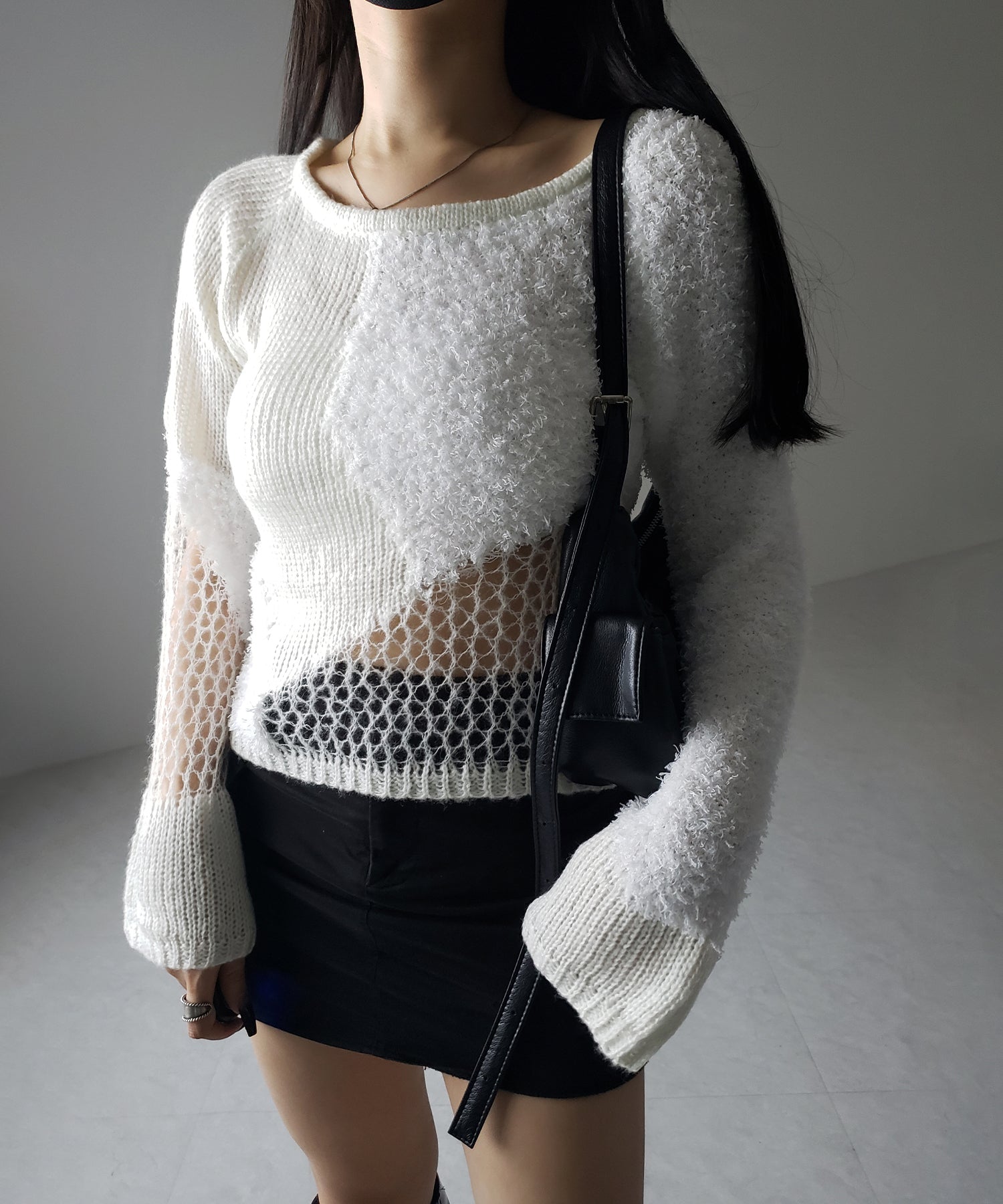 【 ２color 】異素材ドッキングスカシアミニットトップス ／ mixed material docking openwork knit tops