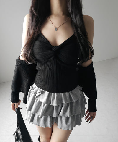 【 2点セット 】ツイストリブニットキャミソール ＋シアーリブショートカーディガン SET ／ twisted rib knit camisole + sheer rib short cardigan SET