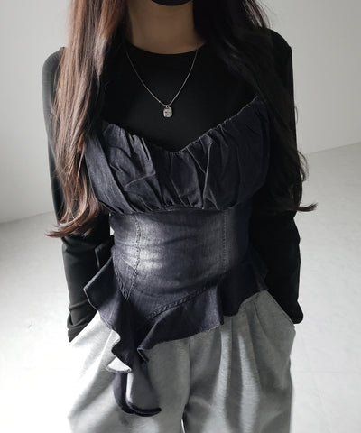 【 ２点セット 】ヴィンテージデニムビスチェ ＆ レイヤードＴシャツセット ／ vintage denim bustier & layered Ｔ-shirts set