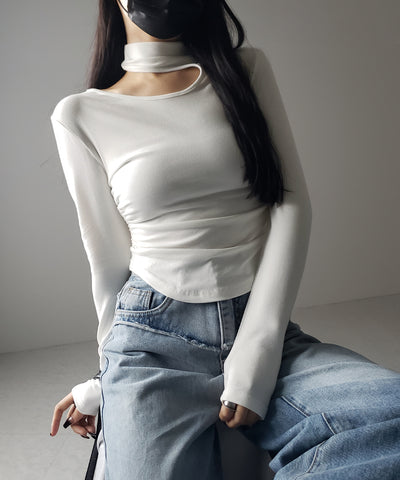 【 ２color 】カットアウトアシメチョーカーカットソートップス ／cutout asymmetry choker cutsew tops
