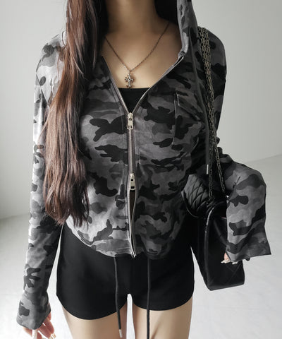 ヴィンテージカモフラダブルジップカットパーカー ／ vintage camouflage double zip cut hoodie
