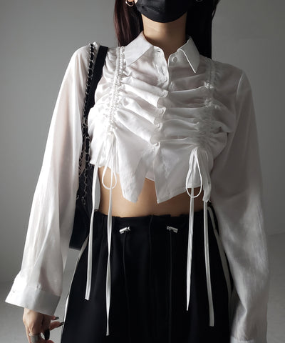 【 ３color 】ダブルリボンシャーリングショートシアーシャツ ／ double shirring ribbon short sheer shirts