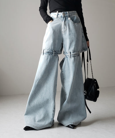 【 選べる３サイズ 】バックオープンカットアウトウォッシュワイドデニム ／ Back open cutout washed wide denim
