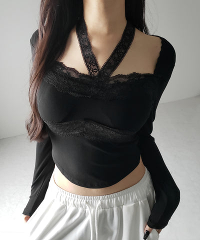 【 ２color ／ ２WAY 】クロスネックレースリボンスクエアカットソートップス ／ cross neck lace ribbon square cutsaw tops