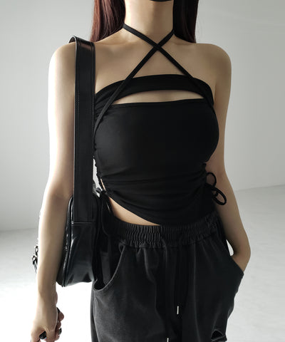 【 カップ付き ／ ２WAY 】クロスストラップリボンカットアウトショートキャミソール ／ cross strap ribbon cutout short camisole