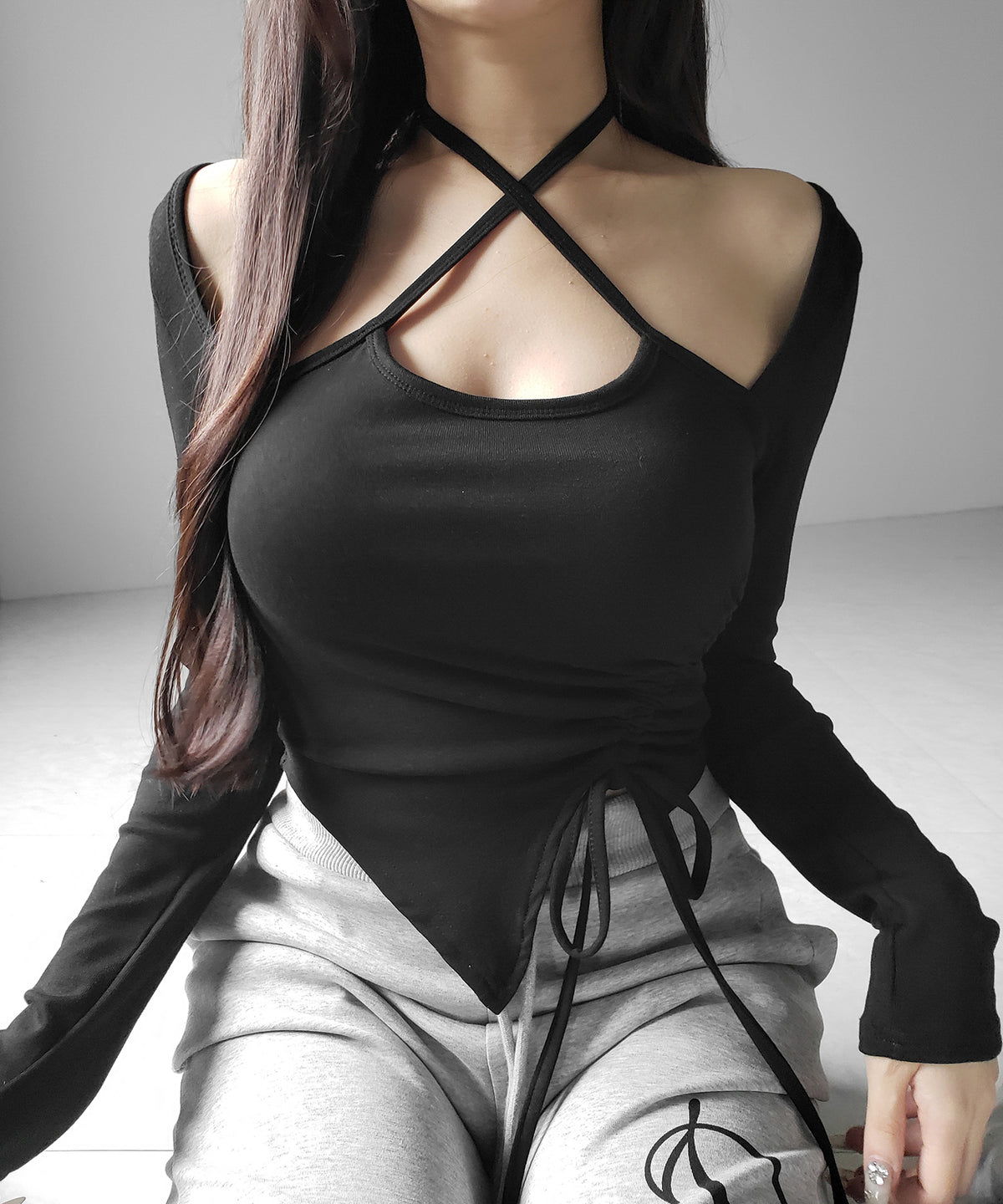 クロスリボンスクエアネック長袖Ｔシャツ ／ cross ribbon square neck long sleeve T-shirts
