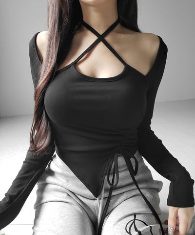 クロスリボンスクエアネック長袖Ｔシャツ ／ cross ribbon square neck long sleeve T-shirts