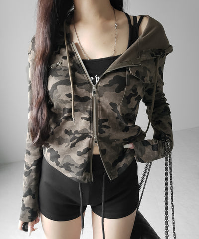 ヴィンテージカモフラダブルジップカットパーカー ／ vintage camouflage double zip cut hoodie
