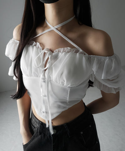 【 ２color ／ ２WAY 】フロントリボンクロスネック半袖シフォンブラウス ／ front ribbon cross neck short sleeve chiffon blouse