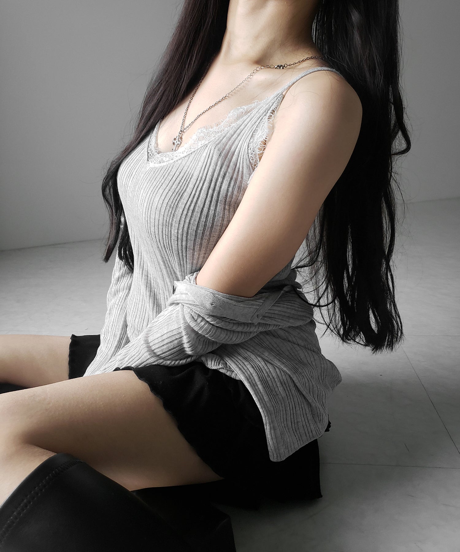 【 ２点セット 】レースニットキャミソール ＋ シアーニットカーディガン SET ／ lace knit camisole + sheer knit cardigan SET
