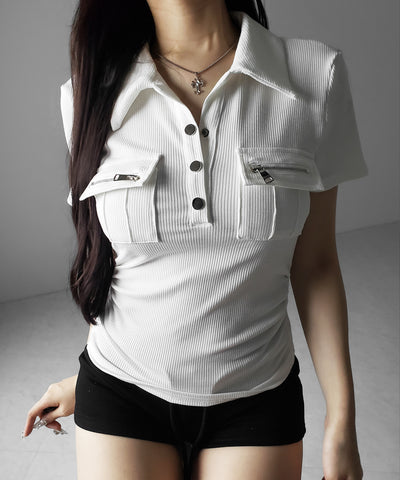 アウトポケットポロネックリブカットソートップス ／ out pocket polo neck rib cutsew tops