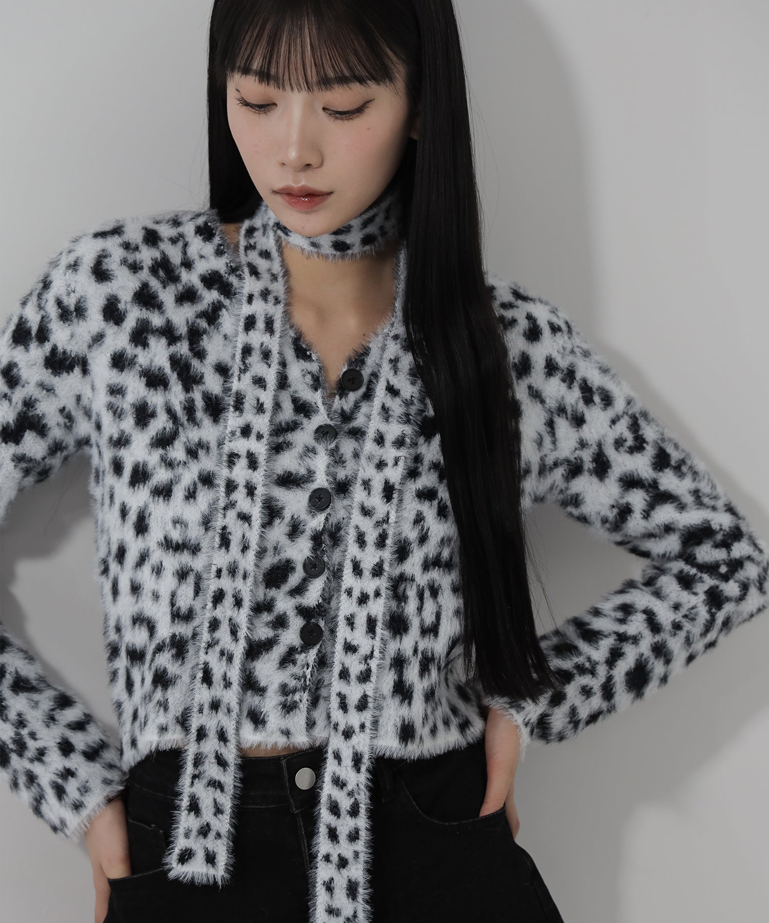【 チョーカータイ付き 】レオパードシャギーニットカーディガン ／ choker tie set leopard shaggy knit cardigan