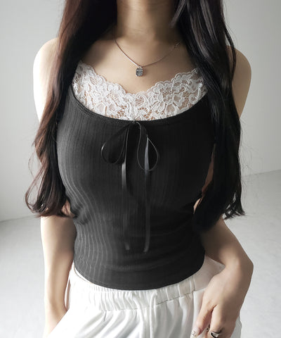 【 ３color ／ カップ付き 】フロントリボンレースドッキングキャミソール ／front ribbon lace docking camisole