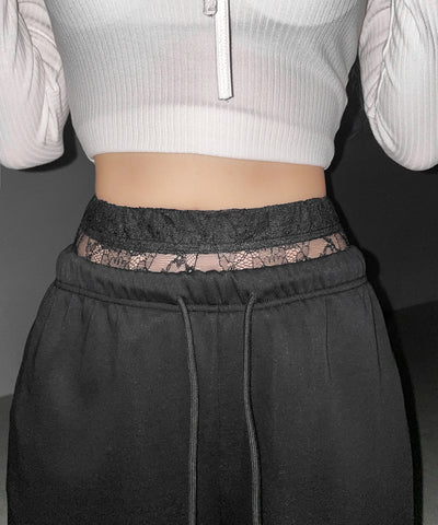 ウエストレースレイヤードスウェットパンツ ／ waist lace layered sweat pants