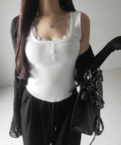 【 ２color 】スクエアネックレースニットタンクトップ ／square neck lace knit tank top