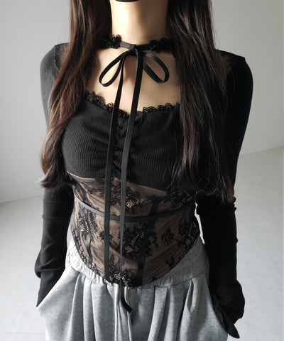 【 ２color 】チョーカーネックリボンレーシーカットソートップス ／ choker neck ribbon lacy cutsaw tops