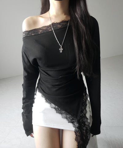 【 ２color 】ワンショルダーレースドッキングアシンメトリートップス ／ one shoulder lace docking asymmetry tops