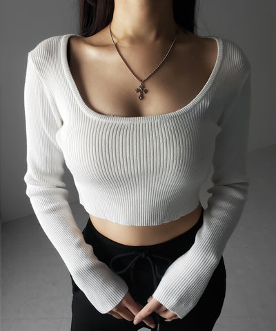 スクエアネックショートリブニットトップス ／ square neck short rib knit tops