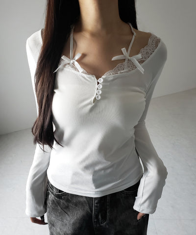 【 ２color 】ストラップダブルリボンレースカットソートップス ／ strap double ribbon lace cutsew tops