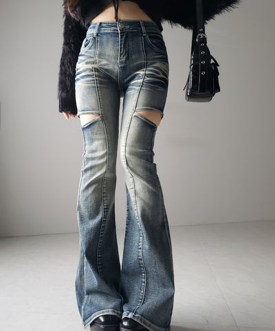 【 ２color ／ ３size 】カットアウトヴィンテージストレッチフレアデニム ／ cutout vintage stretch flare denim