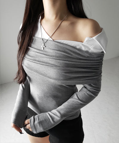 【 ２color 】シャツドッキングワイドオフショルトップス ／ shirt docking wide off shoulder tops
