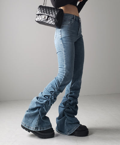 ヘムシャーリングギャザーストレッチフレアパンツ ／ Hem shirring gather stretch flare pants