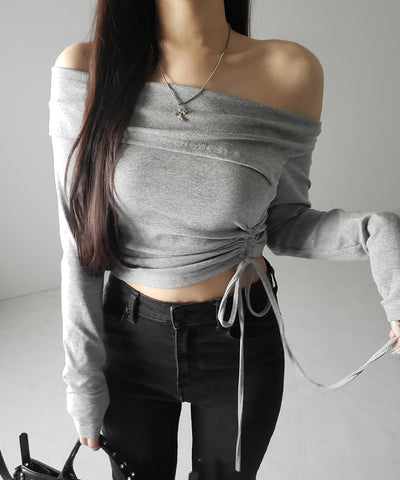 シャーリングリボンショートオフショルカットソートップス ／ shirring ribbon short off shoulder cutsew tops