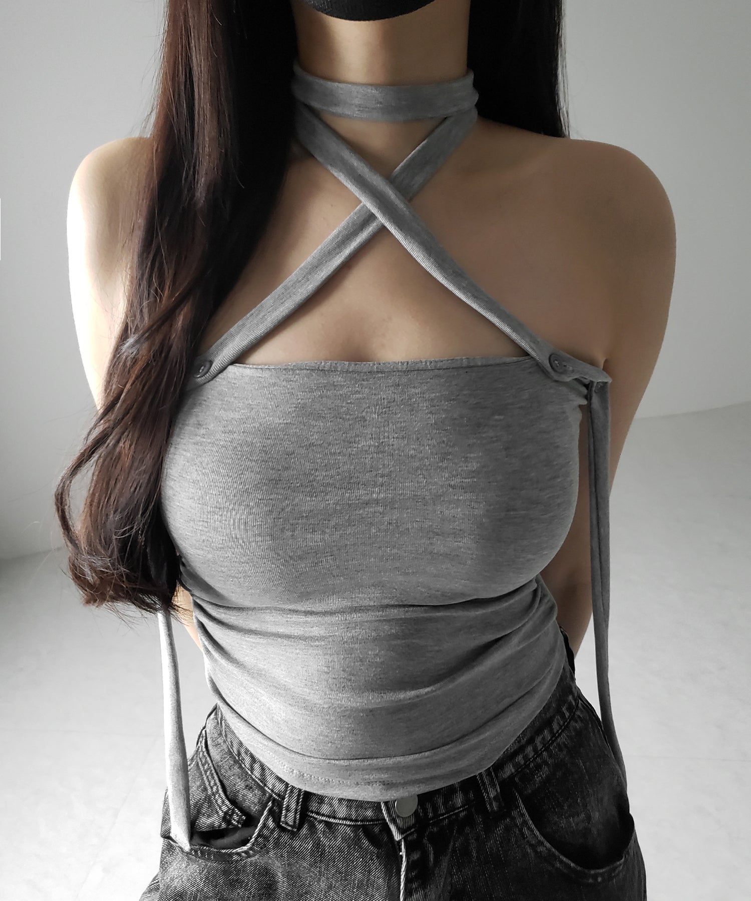 【 ３color ／ カップ付 】ロングチョーカークロスネックキャミソール ／ long choker cross neck camisole