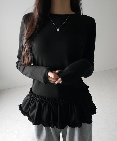 【 ３color 】裾フリルレイヤード長袖トップス ／ hem frill layered long sleeve tops