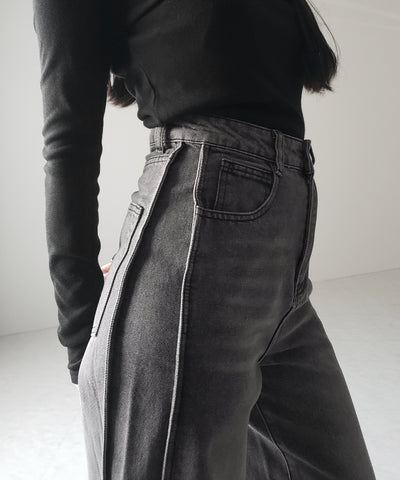 【 ３color ／ ４size 】サイドタック切替ハイウエストストレートデニム ／side tack kirikae highwaist straight denim