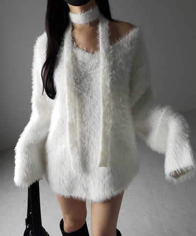 【 ２color 】チョーカータイ付きルーズシャギーニット ／ choker tie set loose shaggy knit