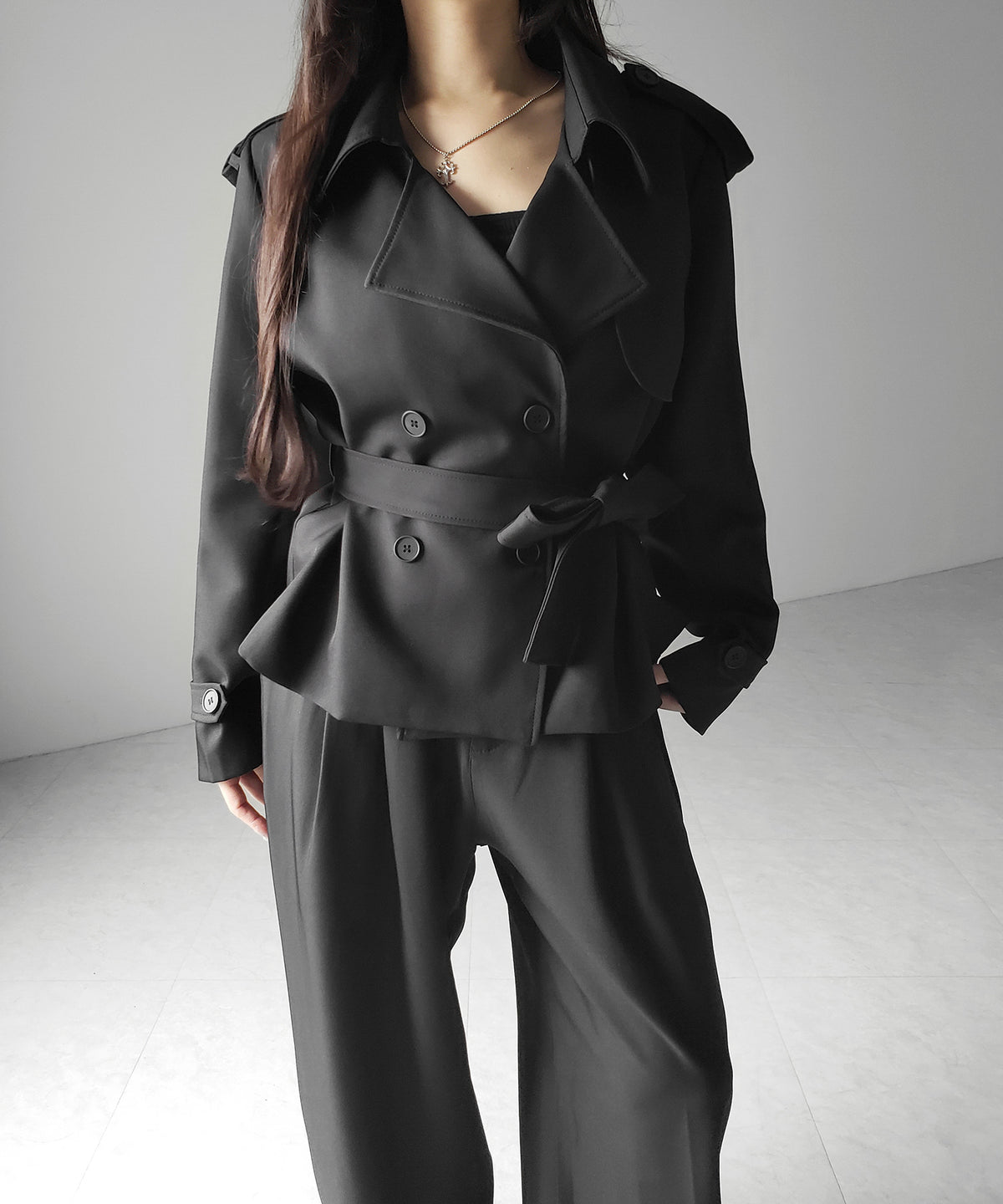 【 上下セットアップ 】ウエストマークショートトレンチコート ＋ タックワイドスラックスパンツ SETUP ／ Waist-mark short trench coat + tuck wide slacks pants
