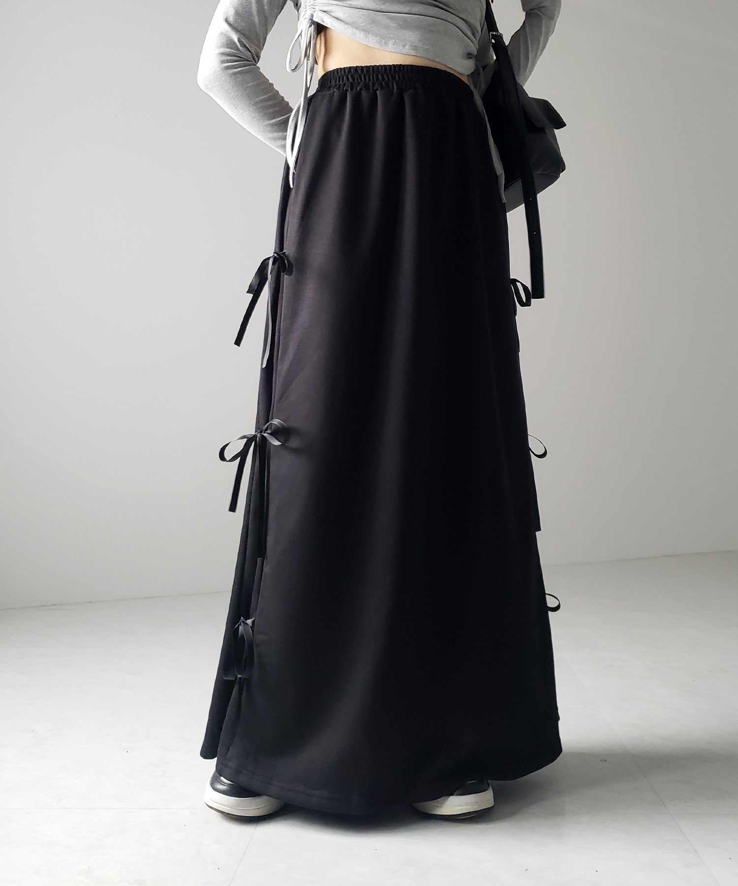 【 ２color 】３ストラップサイドリボンロングスウェットスカート／ three strap side ribbon long sweat skirt